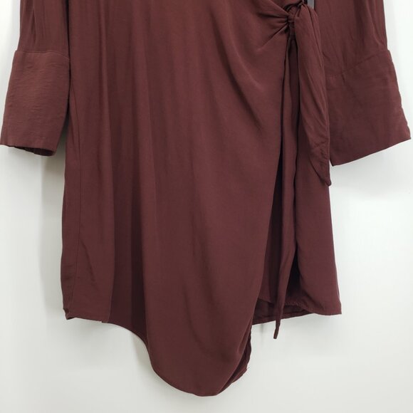 MNG Mango Bow Wrap Mini Dress 8 Long Sleeve Collared Shirt Style Brown - Picture 6 of 11
